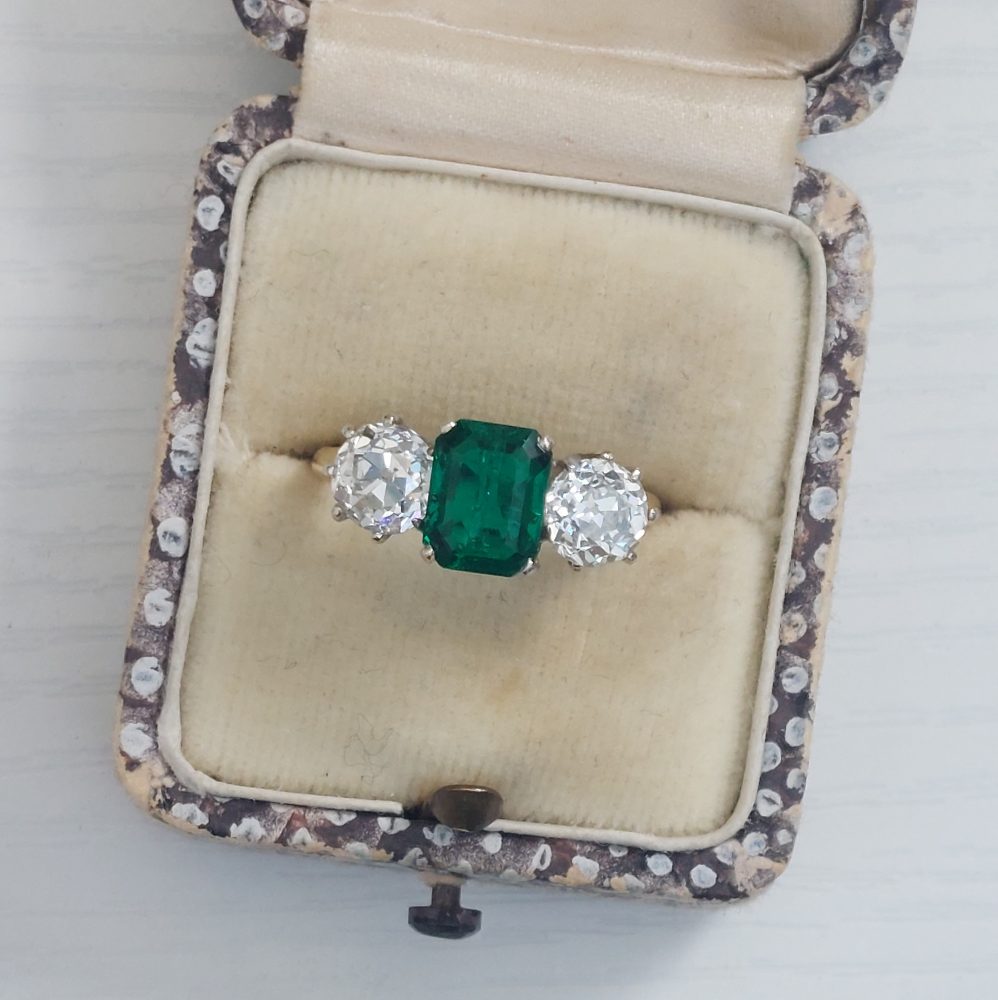 Certified Colombian Emerald and Old Cut Diamond Trilogy Ring