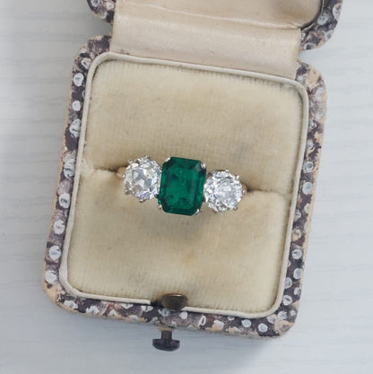Certified Colombian Emerald and Old Cut Diamond Trilogy Ring