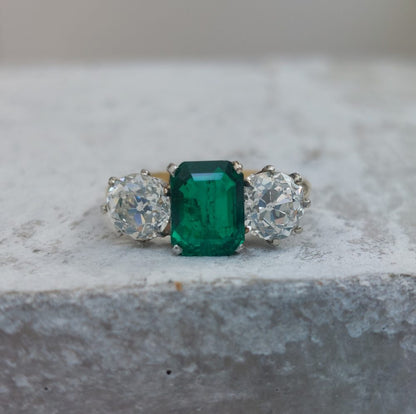 Certified Colombian Emerald and Old Cut Diamond Trilogy Ring