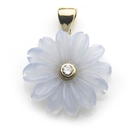 Chalcedony Diamond Daisy Flower 18ct Gold Pendant