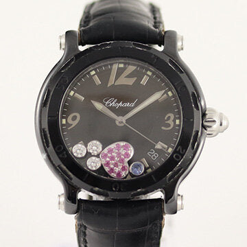 Chopard Happy Sport Ladies Watch with Original Diamonds, Ref 28/8507, Limited Edition of 3000 pieces, black dial with Arabic numerals and free moving diamonds, ceramic case with steel bezel, Quartz movement, on a Chopard black leather strap with buckle, with Chopard box