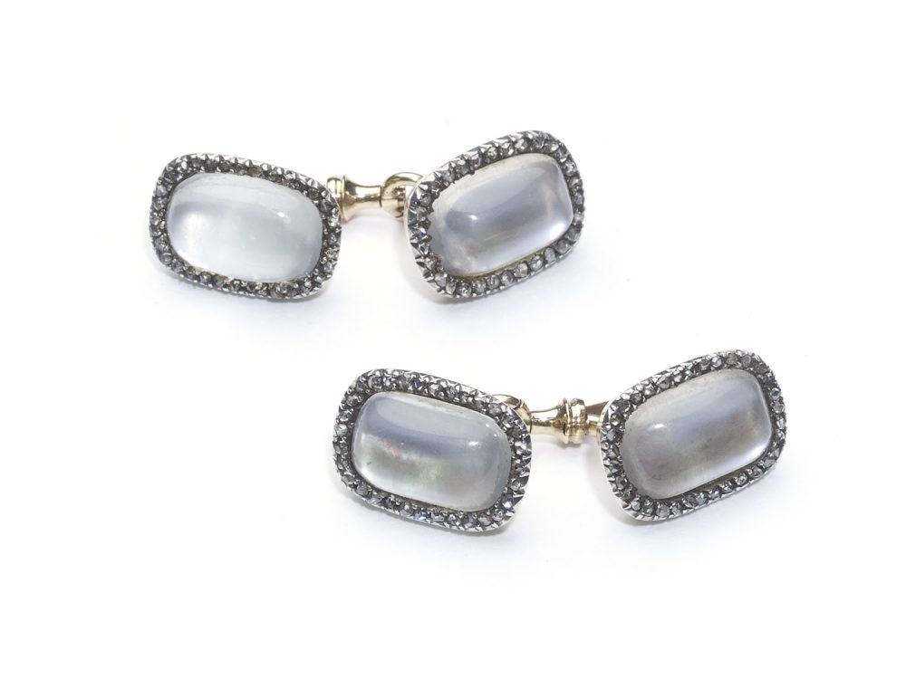 Antique Edwardian Faberge Moonstone and Diamond Cufflinks, c.1900