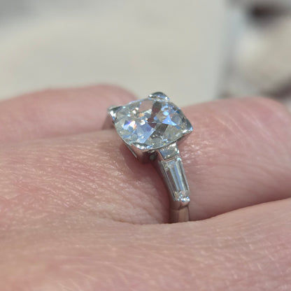 Antique Art Deco Single Stone Old Mine Cushion Diamond Engagement Ring, 2.20cts