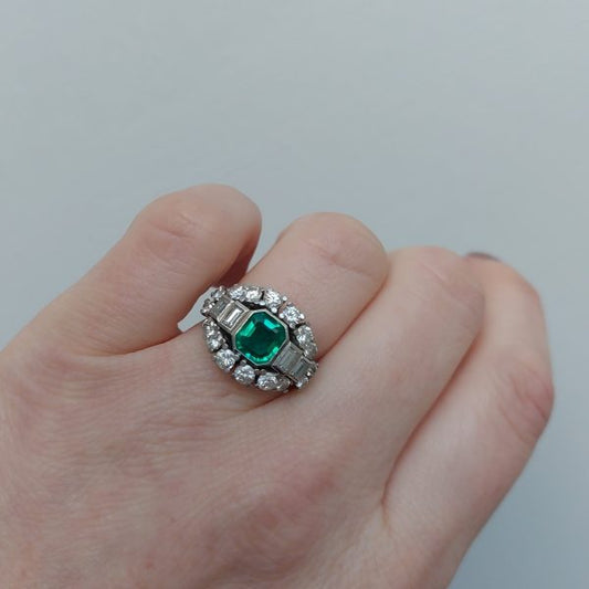 Vintage 1.10ct Colombian Emerald and Diamond Ring
