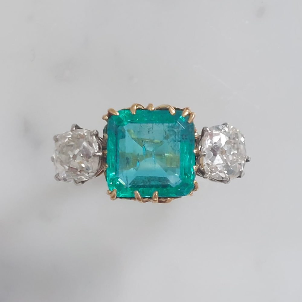 Colombian Emerald and Old Cut Diamond Three Stone Ring