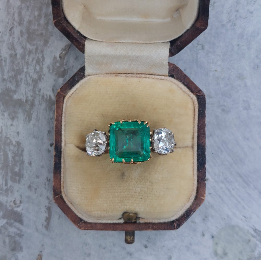 Colombian Emerald and Old Cut Diamond Three Stone Ring