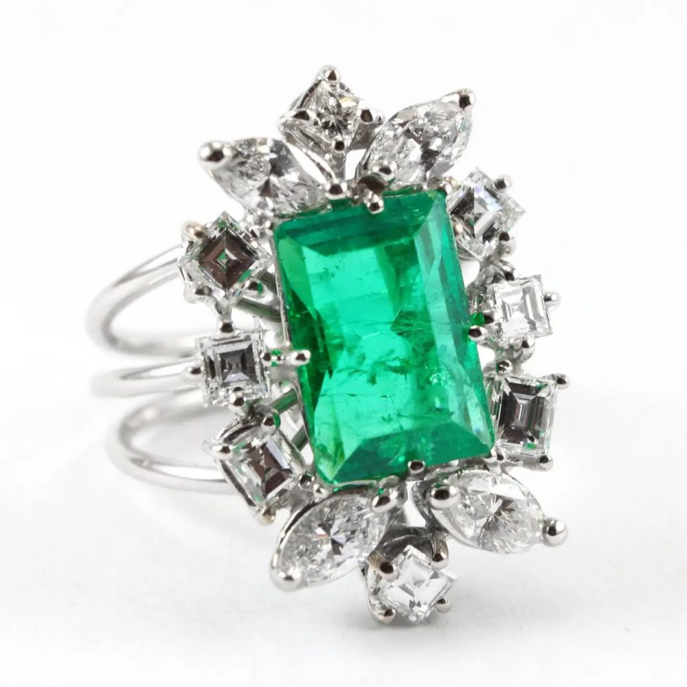4ct Colombian Emerald Marquise Asscher Diamond Cluster Ring