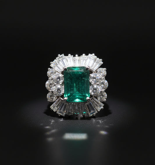 Vintage Colombian Emerald and Diamond Cluster Ring