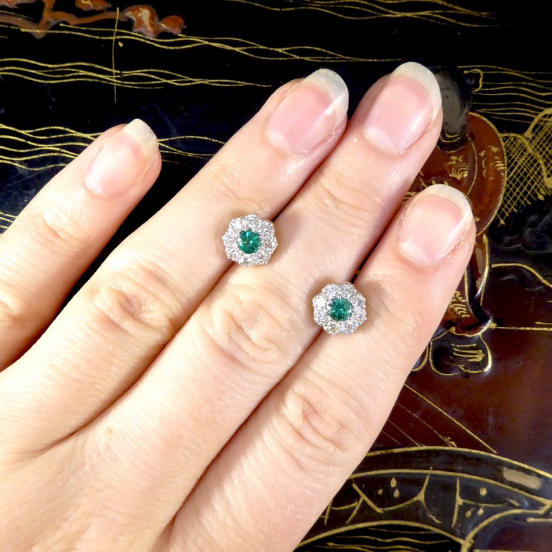 Contemporary 0.50ct Emerald and Diamond Cluster Earrings