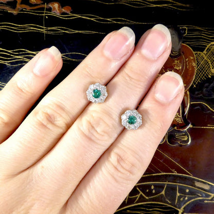 Contemporary 0.50ct Emerald and Diamond Cluster Earrings