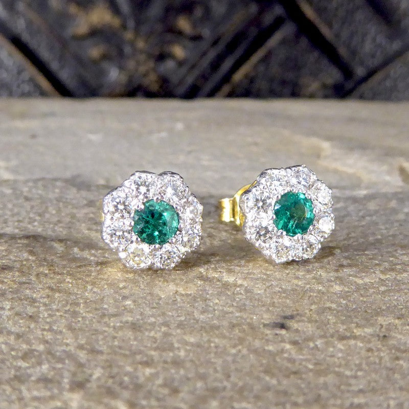 Contemporary 0.50ct Emerald and Diamond Cluster Earrings