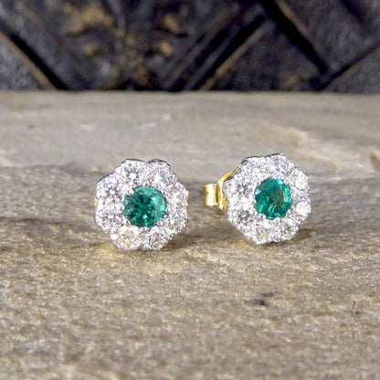 Contemporary 0.50ct Emerald and Diamond Cluster Earrings