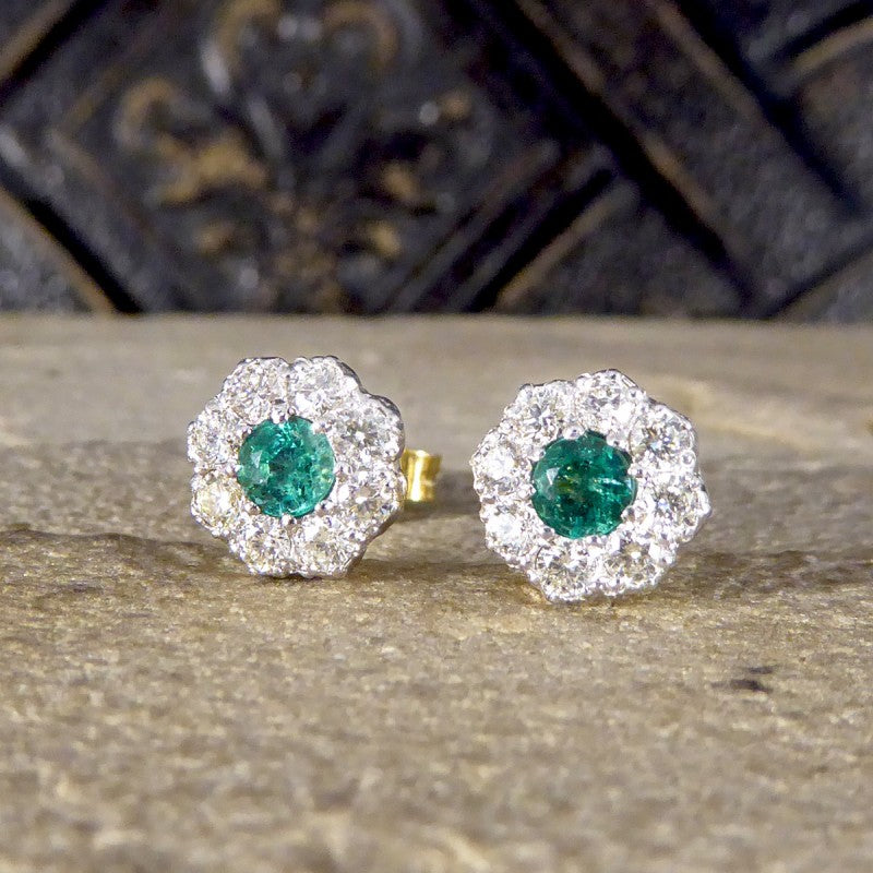 Contemporary 0.50ct Emerald and Diamond Cluster Earrings