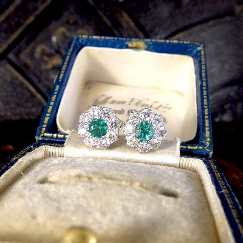 Contemporary 0.50ct Emerald and Diamond Cluster Earrings