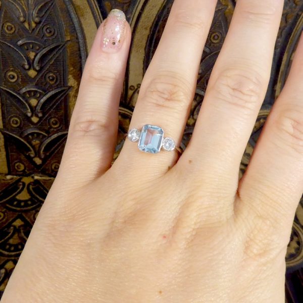 Contemporary 1.20ct Aquamarine and Diamond Three Stone Ring
