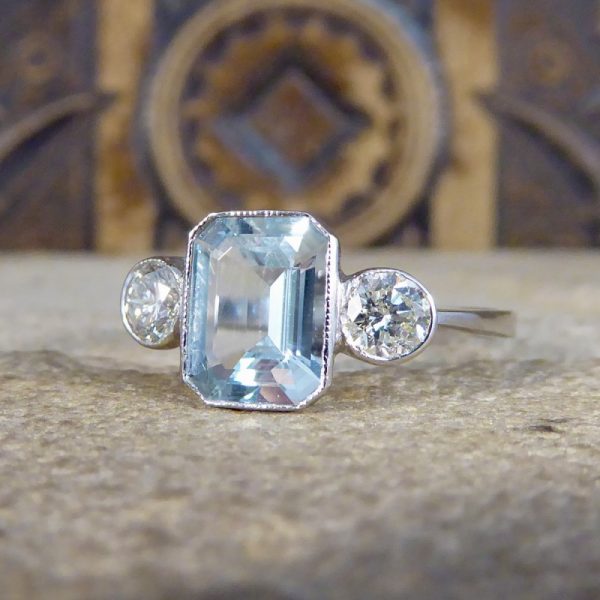 Contemporary 1.20ct Aquamarine and Diamond Three Stone Ring