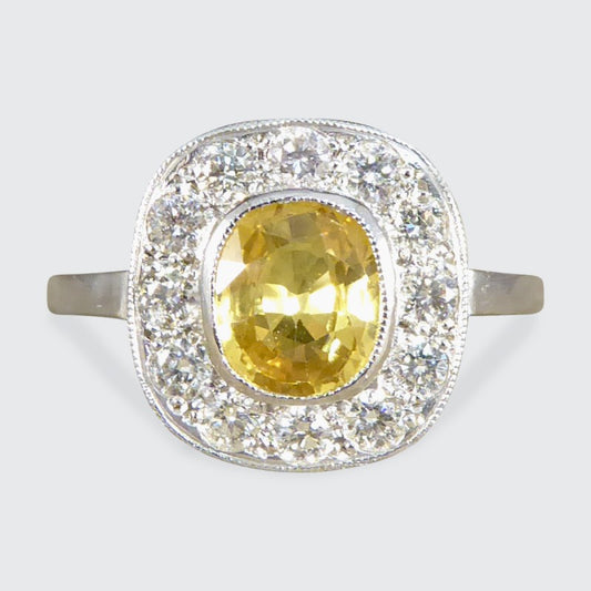 Contemporary 1.50ct Yellow Sapphire and Diamond Cluster Ring