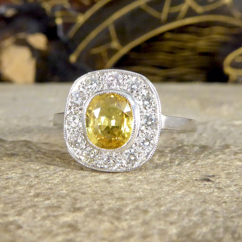Contemporary 1.50ct Yellow Sapphire and Diamond Cluster Ring