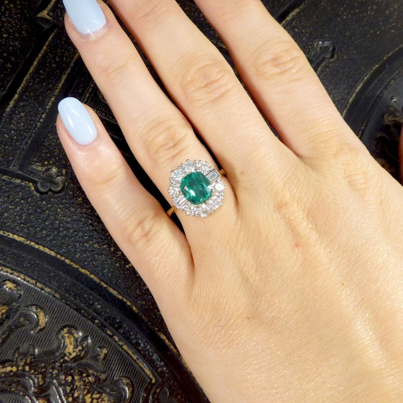 Contemporary 2.08ct Emerald and 1.25ct Diamond Cluster Ring