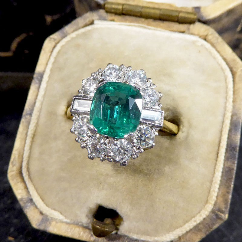 Contemporary 2.08ct Emerald and 1.25ct Diamond Cluster Ring