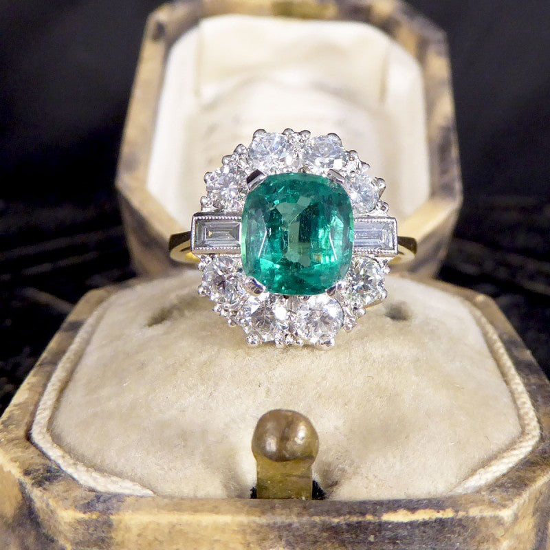 Contemporary 2.08ct Emerald and 1.25ct Diamond Cluster Ring