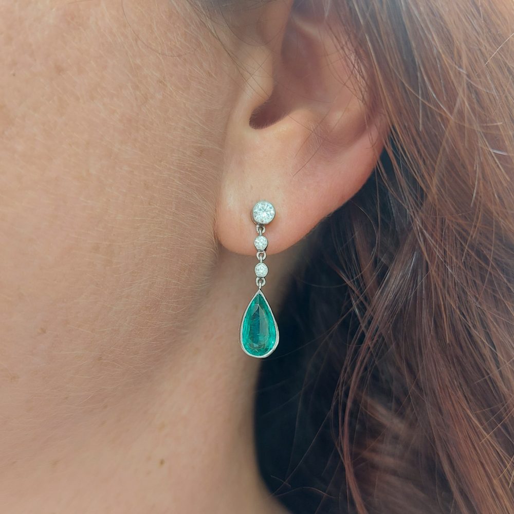 Contemporary Pear Cut Emerald and Diamond Drop Earrings