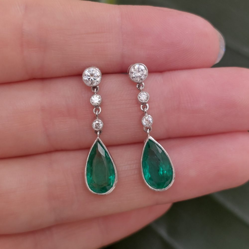 Contemporary Pear Cut Emerald and Diamond Drop Earrings