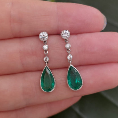 Contemporary Pear Cut Emerald and Diamond Drop Earrings