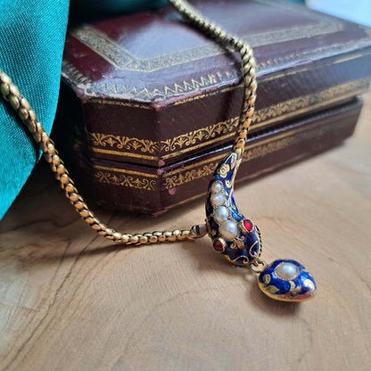 Victorian Antique Natural Pearl Blue Enamel and Gold Snake Necklace with Garnet Eyes, Circa 1850
