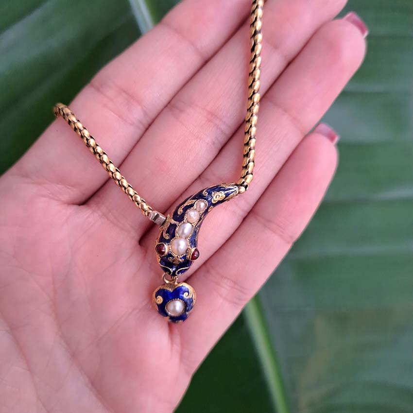 Victorian Antique Natural Pearl Blue Enamel and Gold Snake Necklace with Garnet Eyes, Circa 1850 with Provenence / History of This Piece