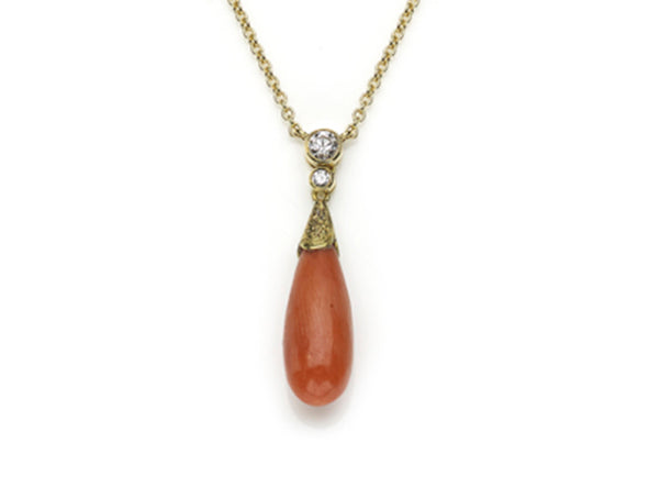 Antique coral pendant drop gold orange red coral