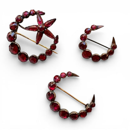 Three Antique 18ct Gold Garnet Crescent Moon & Star Brooches
