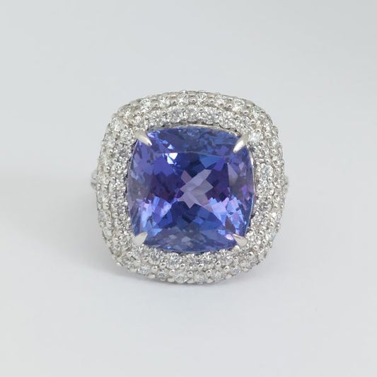 10.92ct Tanzanite and Diamond Cushion Cluster Ring