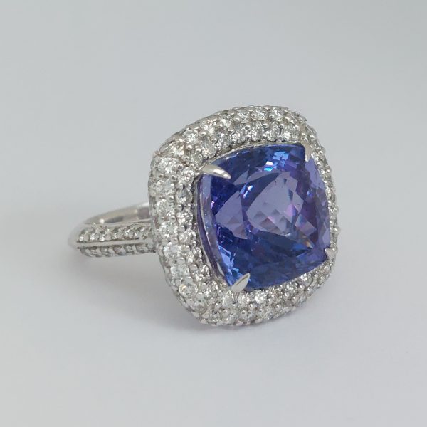 10.92ct Tanzanite and Diamond Cushion Cluster Ring