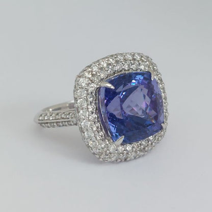 10.92ct Tanzanite and Diamond Cushion Cluster Ring