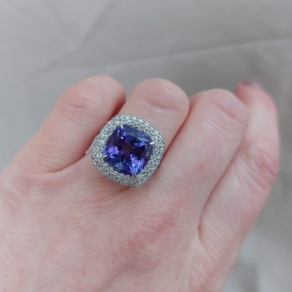 10.92ct Tanzanite and Diamond Cushion Cluster Ring