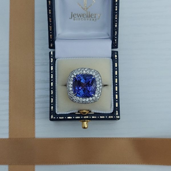 10.92ct Tanzanite and Diamond Cushion Cluster Ring
