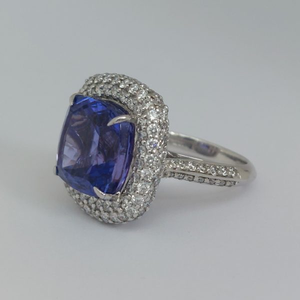 10.92ct Tanzanite and Diamond Cushion Cluster Ring