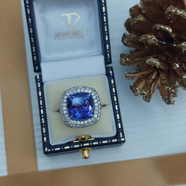 10.92ct Tanzanite and Diamond Cushion Cluster Ring