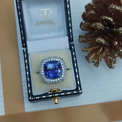10.92ct Tanzanite and Diamond Cushion Cluster Ring