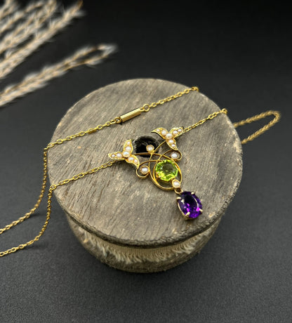Antique 9 ct Gold Edwardian Suffragette Pendant Necklace With Amethyst, Peridot And Seed Pearls