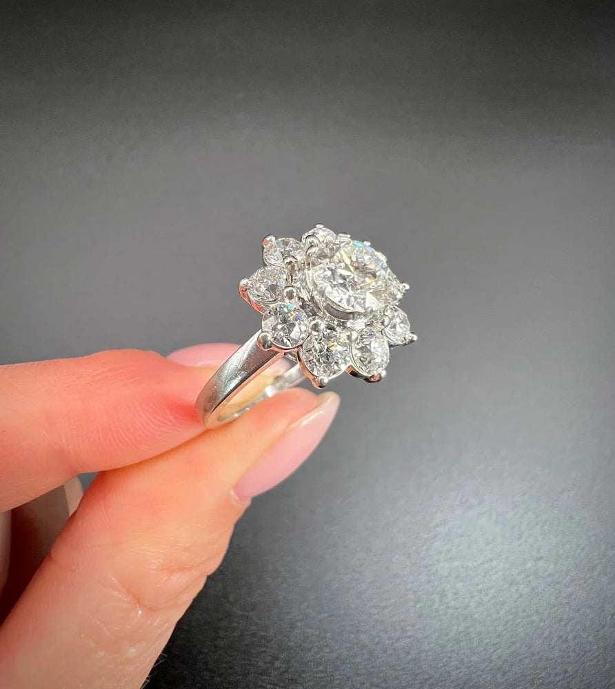 Vintage Diamond Daisy Cluster Engagement Ring in Platinum, 2.20 carats