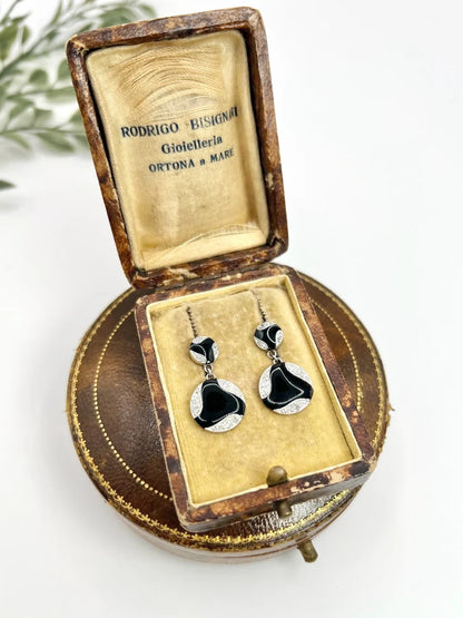 Antique Art Deco Diamond And Onyx Earrings In 18 Carat White Gold
