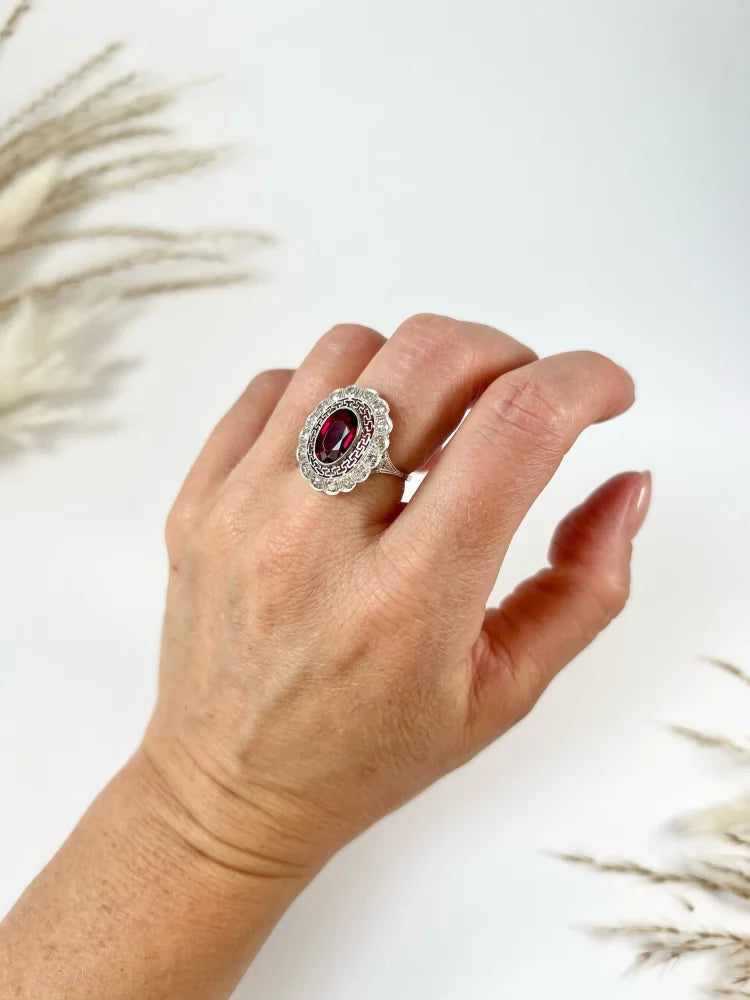 Antique Platinum Tourmaline And Diamond Cluster Ring