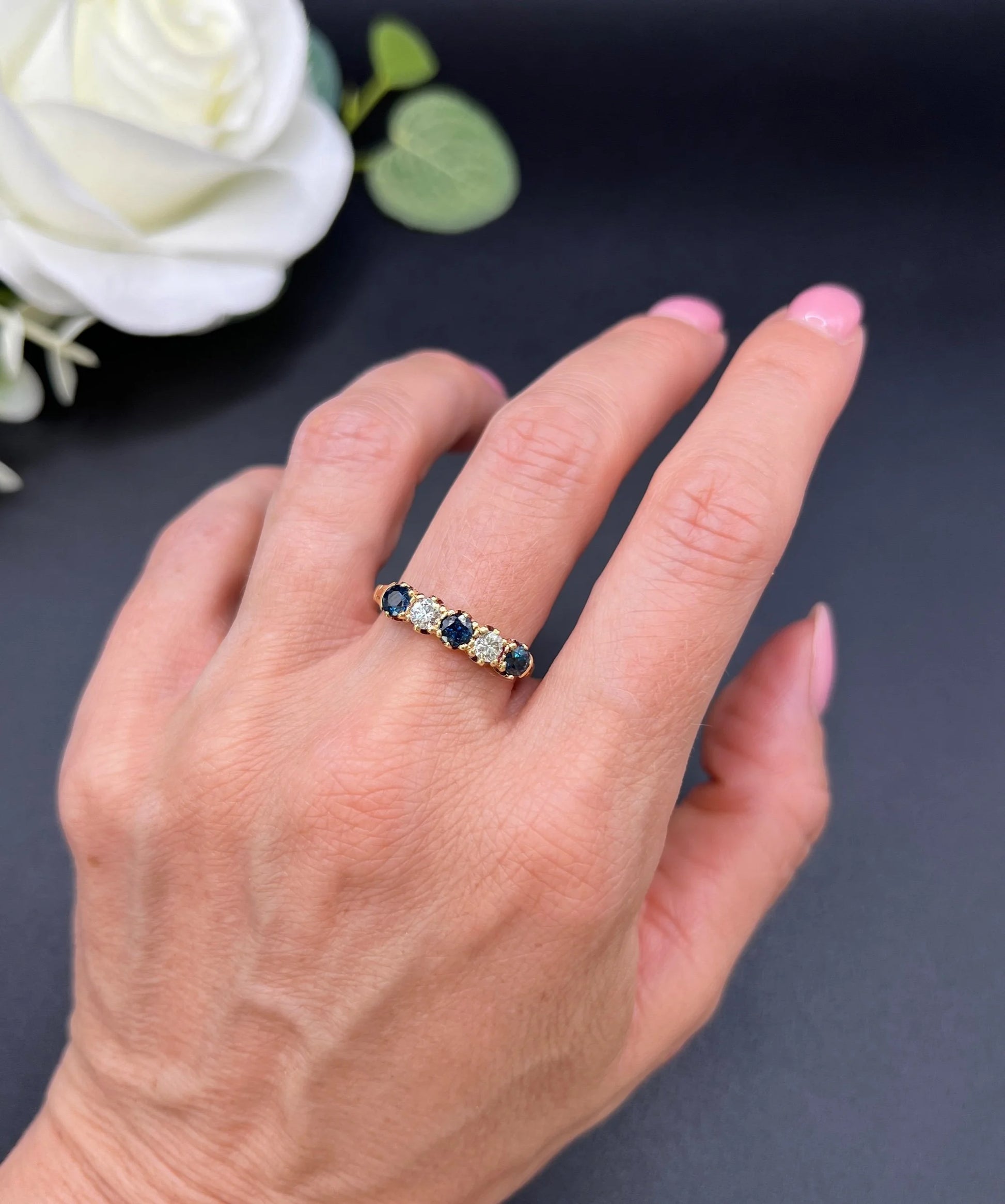 Vintage 18ct Yellow Gold, Victorian Style Sapphire and Diamond Five Stone Ring, London 1976