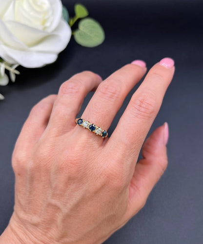 Vintage 18ct Yellow Gold, Victorian Style Sapphire and Diamond Five Stone Ring, London 1976