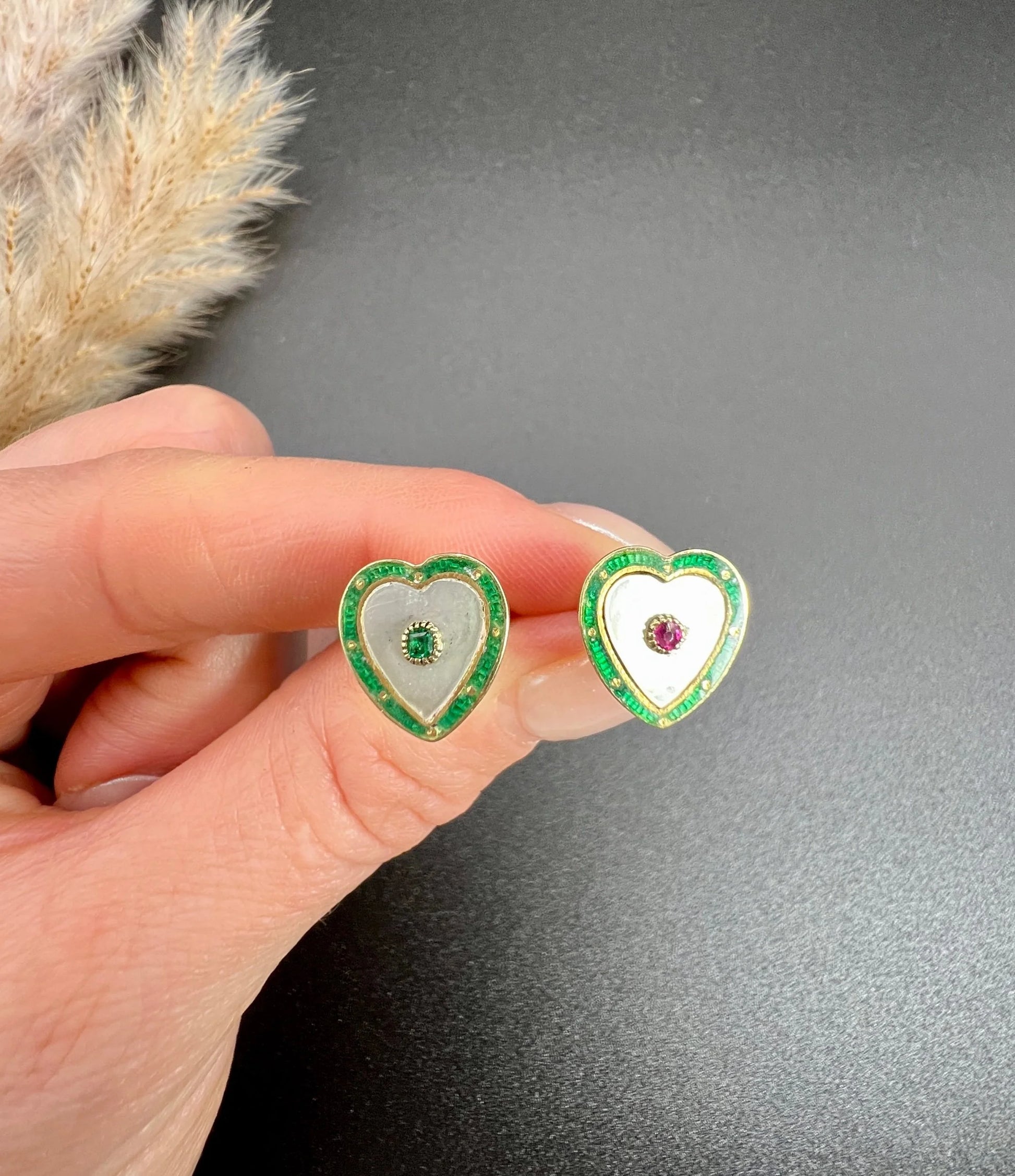 Antique 15ct Yellow Gold, 1920s Mother of Pearl, Green Enamel, Ruby & Emerald Heart Shaped Stud Earrings