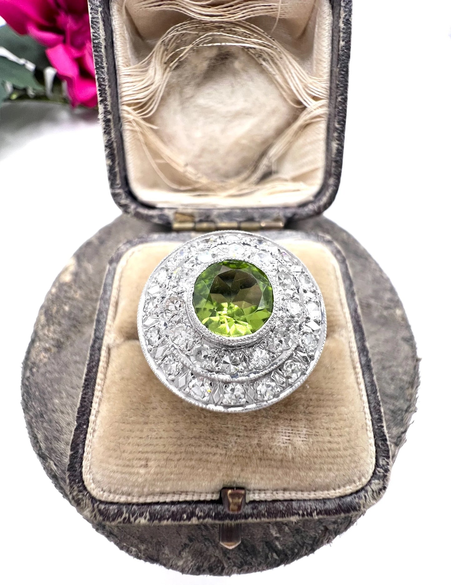 Vintage 18ct Gold French, 1940s Peridot and Diamond Double Halo Ring