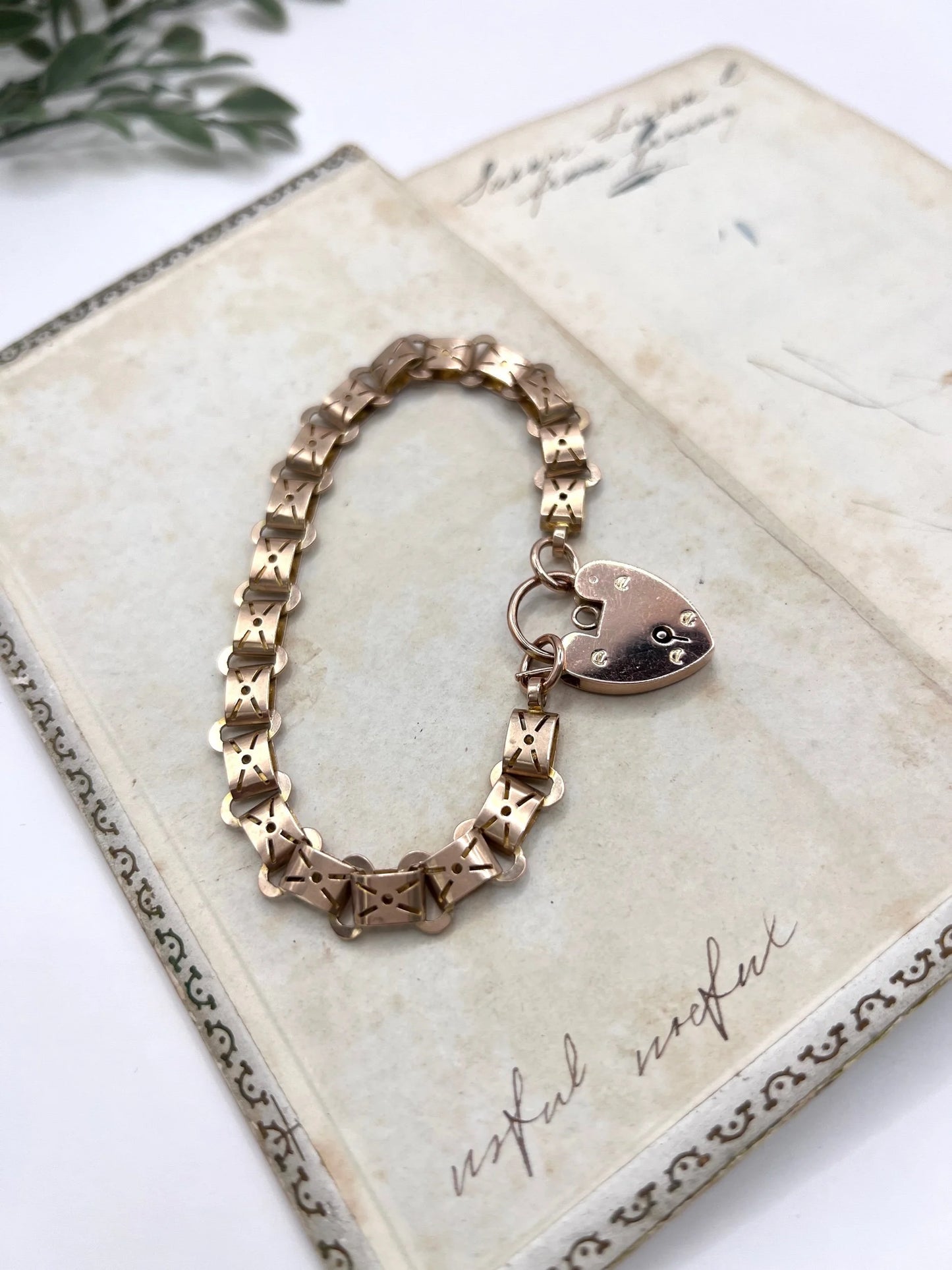 Antique 9 Carat Rose Gold Fancy Link Bracelet with Heart Shaped Padlock