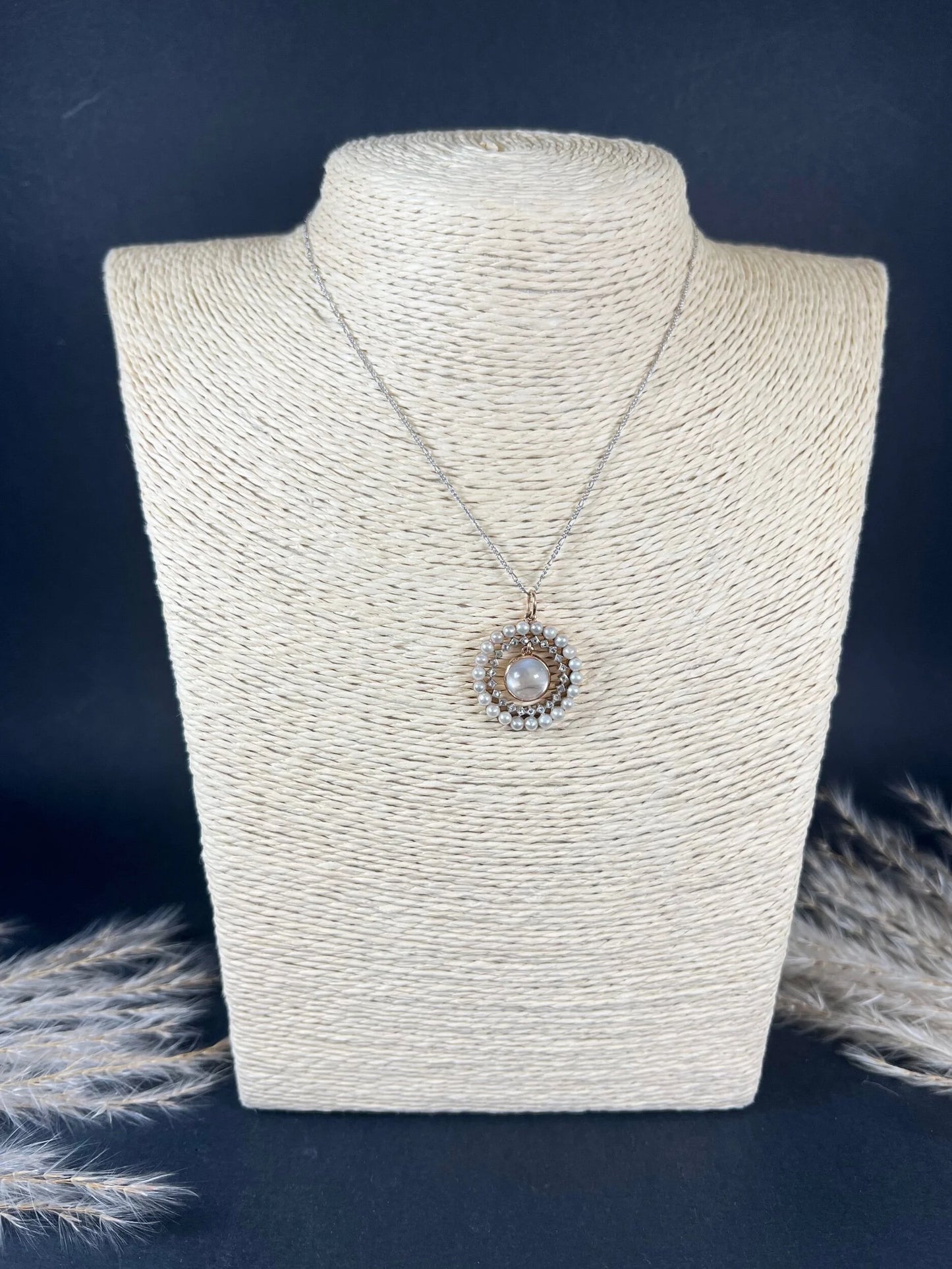 Antique 18 Carat Gold, Platinum, Moonstone, Diamond and Pearl Halo Pendant